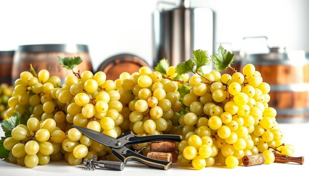 A vibrant still life showcasing an array of classic white wine grape varieties, shot with a high-resolution camera and dramatic studio lighting. In the foreground, bunches of Riesling, Chardonnay, and Sauvignon Blanc grapes are displayed against a crisp white backdrop, their translucent skins and lush clusters capturing the essence of these renowned vintages. The midground features a selection of pruning shears, corkscrews, and other winemaking tools, hinting at the meticulous craft behind these celebrated varietals. In the background, blurred silhouettes of oak barrels and stainless steel fermentation tanks suggest the winery setting, evoking the care and tradition inherent to these white wine grapes. The overall composition conveys a sense of quality, refinement, and the storied heritage of the world's foremost white wine grape varieties.