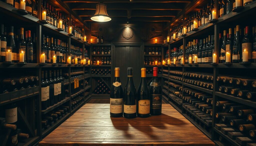 A vintage wine cellar, dimly lit by warm candlelight, showcasing an impressive collection of rare and aged wines. Rows of antique bottles with elegant labels line the shelves, casting a soft glow across the room. The air is rich with the aroma of oak and the complex notes of matured vintages. In the center, a wooden table displays a selection of these "Jahrgangsweine Raritäten," inviting the viewer to imagine the extraordinary flavors and stories they hold. The scene exudes an air of exclusivity and connoisseurship, perfectly suited for the "Besondere Tipps für Weinliebhaber" section of the article.
