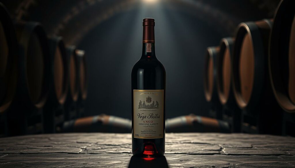 A visually striking image of the iconic Vega Sicilia Unico Rotwein, the crown jewel of Spanish winemaking. Capture the bottle in a dimly lit cellar setting, with dramatic chiaroscuro lighting casting deep shadows and highlighting the bottle's elegant contours. The glass bottle glistens, its deep ruby liquid casting a warm glow. Textured stone walls and oak barrels in the background suggest the wine's time-honored heritage and meticulous craftsmanship. Convey a sense of exclusivity and reverence, as if this legendary wine is being presented as the pinnacle of Spanish oenological achievement.