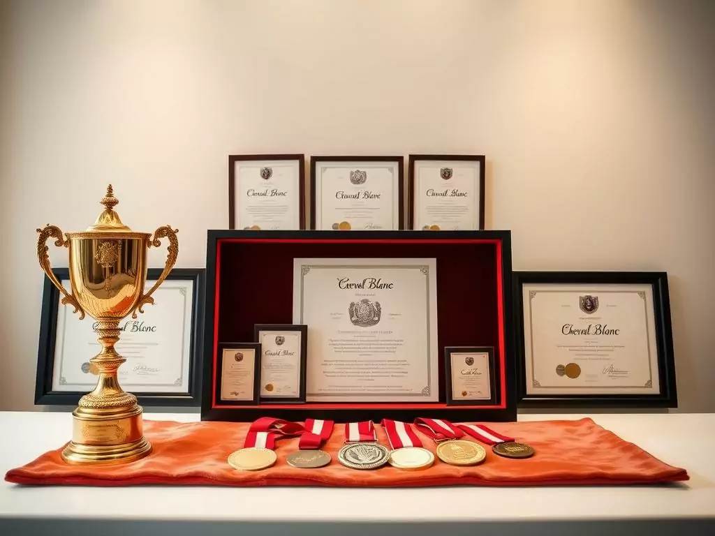A well-lit, high-resolution photograph of an elegant display showcasing the prestigious awards and accolades earned by the renowned Château Cheval Blanc winery. The foreground features an ornate, gilded trophy and several gleaming medals meticulously arranged on a luxurious, velvet-lined surface. The middle ground includes a line of framed certificates and certificates of recognition, each highlighting the winery's exceptional reputation and accomplishments. In the background, a neutral, minimalist backdrop allows the awards to take center stage, conveying a sense of prestige and international acclaim. The overall composition exudes an air of sophistication, professionalism, and the unwavering dedication to excellence that has made Château Cheval Blanc a revered name in the world of fine wine. A well-lit, high-resolution photograph of an elegant display showcasing the prestigious awards and accolades earned by the renowned Château Cheval Blanc winery. The foreground features an ornate, gilded trophy and several gleaming medals meticulously arranged on a luxurious, velvet-lined surface. The middle ground includes a line of framed certificates and certificates of recognition, each highlighting the winery's exceptional reputation and accomplishments. In the background, a neutral, minimalist backdrop allows the awards to take center stage, conveying a sense of prestige and international acclaim. The overall composition exudes an air of sophistication, professionalism, and the unwavering dedication to excellence that has made Château Cheval Blanc a revered name in the world of fine wine.