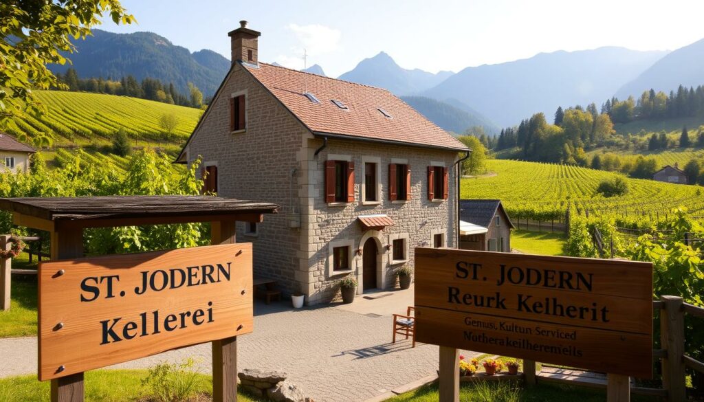 A charming, traditional Swiss winery nestled in the rolling hills of Visperterminen, St. Jodern Kellerei stands as a testament to the region's rich viticultural heritage. The stately stone building, with its quaint wooden shutters and rustic charm, is framed by lush vineyards and towering mountains in the distance. Warm, golden light bathes the scene, casting a cozy, inviting atmosphere. In the foreground, a wooden sign proudly displays the winery's name, while a small seating area invites visitors to savor the local wines and take in the breathtaking pastoral views. This picturesque scene perfectly encapsulates the "Genuss, Kultur und Services" that can be found along the Reblehrpfad hiking route.