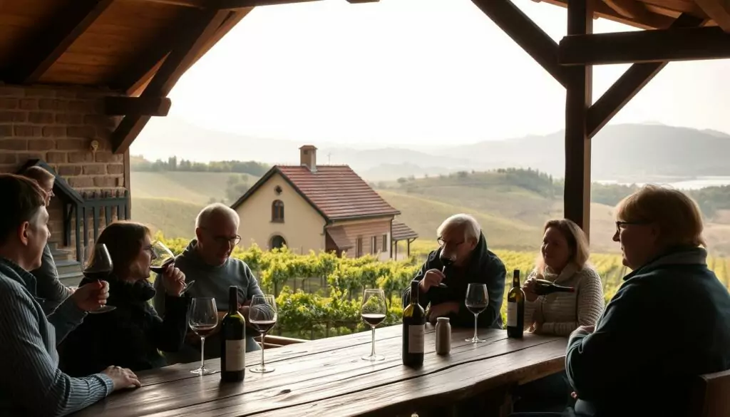A cozy, rustic winery scene set in the scenic Weinwanderweg Schiterberg. In the foreground, a group of wine enthusiasts gather around a wooden tasting table, swirling and savoring vintages from local vineyards. The middle ground features a quaint winery building with a charming tiled roof, surrounded by rolling hills blanketed in lush vineyards. Soft, warm lighting filters through the scene, creating a welcoming, intimate atmosphere. In the background, a picturesque landscape of rolling hills and distant mountains provides a breathtaking natural backdrop. The overall mood evokes a sense of tradition, conviviality, and appreciation for the regional wine culture.