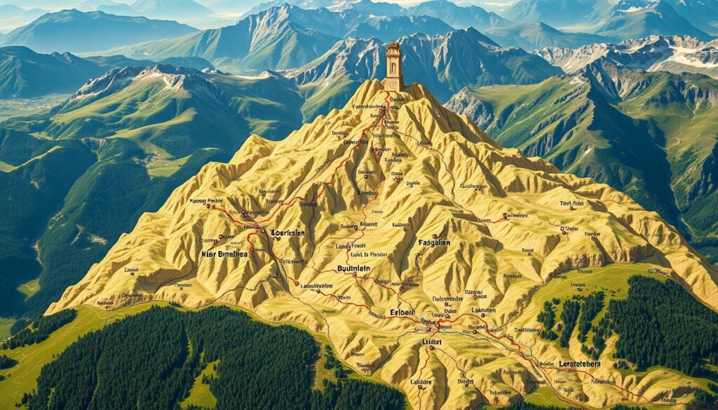 A detailed topographical map of the Bündner Herrschaft region, rendered in a vintage, hand-drawn style. The map occupies the center of the frame, with lush mountains and valleys surrounding it in the background. The terrain is depicted with intricate contour lines, highlighting the diverse geography of the area. Prominent features like hiking trails, towns, and landmarks are clearly marked, providing essential navigational information. The map is illuminated by warm, natural lighting, creating a sense of authenticity and adventure. The overall composition conveys a sense of exploration and immersion in the picturesque Swiss landscape.