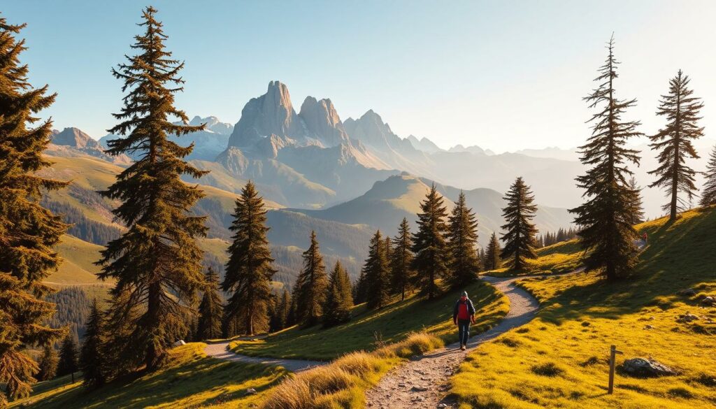 A picturesque mountain trail winds through the lush, verdant landscape of the Bündner Herrschaft region. Tall, jagged peaks loom in the distance, their snow-capped summits glinting in the warm, golden sunlight. The path meanders along the contours of rolling hills, offering breathtaking vistas of the surrounding countryside. Towering pine trees line the trail, casting dappled shadows on the well-worn path below. Hikers traverse the route, their footsteps crunching on the packed earth as they take in the serene, tranquil atmosphere. A gentle breeze rustles the leaves, adding a soothing, natural soundtrack to the scene. The overall mood is one of peaceful exploration, inviting the viewer to embark on a picturesque journey through this beautiful, unspoiled corner of the Swiss Alps.
