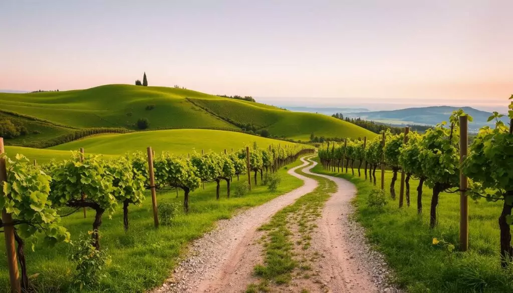 A picturesque winding path through a verdant, rolling landscape, flanked by rows of flourishing vineyards. The foreground features a well-trodden, gravel-lined trail, inviting the viewer to embark on a tranquil stroll. In the middle ground, lush, verdant hills undulate gracefully, dotted with clusters of vibrant grape vines. The background showcases a distant horizon, where the sky and earth seamlessly merge, creating a serene and harmonious scene. Warm, soft lighting casts a gentle glow, evoking a sense of calm and enchantment. The composition is balanced, with the path leading the eye through the serene, natural setting, capturing the essence of the "Weinwanderweg Schiterberg" hiking trail.