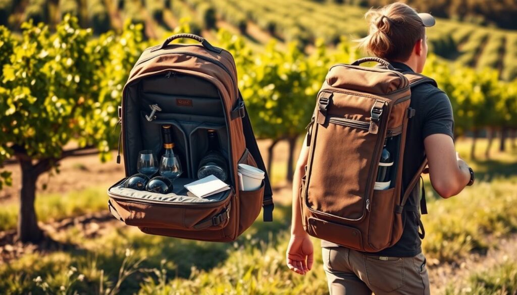 A rugged backpack with multiple compartments designed for wine tasting, featuring a sleek, modern silhouette. The pack is crafted from durable, weatherproof materials in a rich, earthy tone, with metal hardware and accents. The front compartment holds a selection of wine glasses, corkscrew, and tasting notes, while the main section contains a padded, insulated compartment for safely storing bottles. The backpack is worn by a well-equipped adventurer navigating a picturesque vineyard landscape, sunlight filtering through the verdant foliage and casting a warm, golden glow across the scene. A rugged backpack with multiple compartments designed for wine tasting, featuring a sleek, modern silhouette. The pack is crafted from durable, weatherproof materials in a rich, earthy tone, with metal hardware and accents. The front compartment holds a selection of wine glasses, corkscrew, and tasting notes, while the main section contains a padded, insulated compartment for safely storing bottles. The backpack is worn by a well-equipped adventurer navigating a picturesque vineyard landscape, sunlight filtering through the verdant foliage and casting a warm, golden glow across the scene.