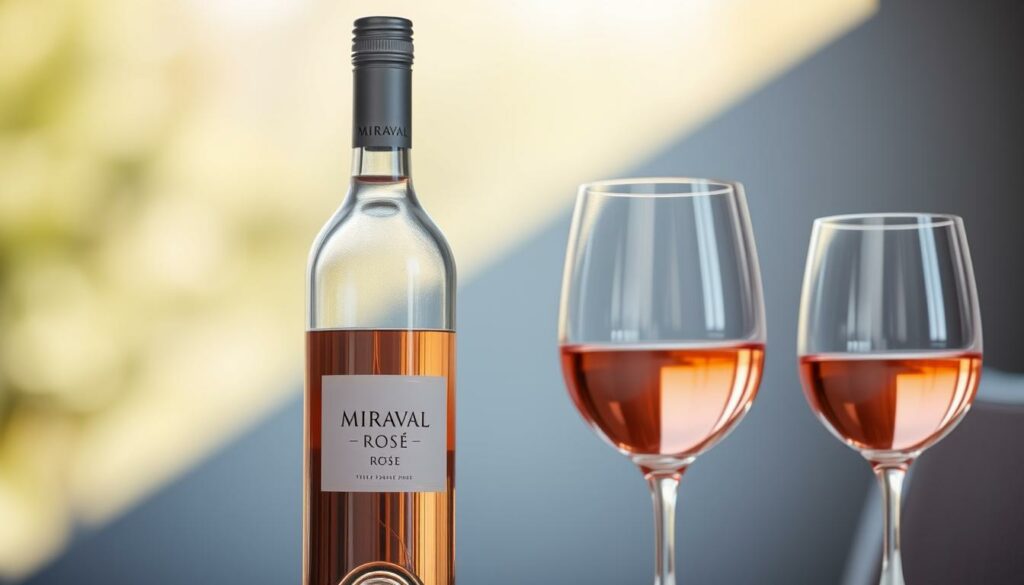 A beautifully lit, high-quality photograph of a Miraval Rosé wine bottle and two elegant crystal wine glasses arranged in the foreground. The bottle has a sleek, minimalist design with the Miraval logo prominently displayed. The glasses are positioned at an angle, capturing the subtle hues of the rosé wine within. The background is softly blurred, creating a sense of depth and focus on the wine and glassware. The lighting is natural and diffused, highlighting the translucent qualities of the glass and the delicate pink color of the wine. The overall composition and styling convey a sense of sophistication, luxury, and the distinct character of the Miraval Rosé. A beautifully lit, high-quality photograph of a Miraval Rosé wine bottle and two elegant crystal wine glasses arranged in the foreground. The bottle has a sleek, minimalist design with the Miraval logo prominently displayed. The glasses are positioned at an angle, capturing the subtle hues of the rosé wine within. The background is softly blurred, creating a sense of depth and focus on the wine and glassware. The lighting is natural and diffused, highlighting the translucent qualities of the glass and the delicate pink color of the wine. The overall composition and styling convey a sense of sophistication, luxury, and the distinct character of the Miraval Rosé.
