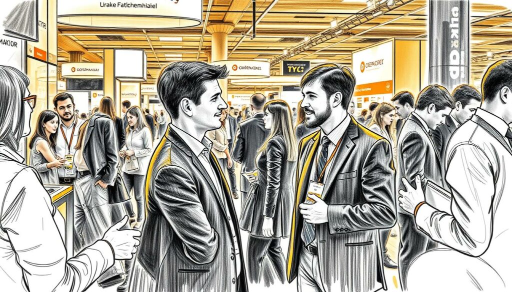 A bustling networking event at a trade fair, with professionals in business attire mingling and exchanging ideas. Warm lighting casts a soft glow, highlighting the energy and connections being made. In the foreground, two individuals engaged in a lively discussion, their body language animated. In the middle ground, a group examines product samples, while in the background, others navigate the exhibit halls. The scene captures the essence of "Matchmaking auf neuem Niveau" - a modern, vibrant atmosphere of professional networking, with subtle pops of color amidst the predominant black and white tones. A bustling networking event at a trade fair, with professionals in business attire mingling and exchanging ideas. Warm lighting casts a soft glow, highlighting the energy and connections being made. In the foreground, two individuals engaged in a lively discussion, their body language animated. In the middle ground, a group examines product samples, while in the background, others navigate the exhibit halls. The scene captures the essence of "Matchmaking auf neuem Niveau" - a modern, vibrant atmosphere of professional networking, with subtle pops of color amidst the predominant black and white tones.