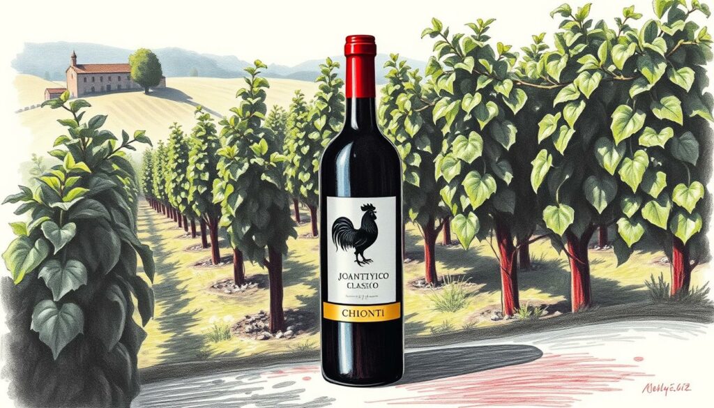 A classic Chianti Classico bottle, adorned with the iconic black rooster symbol, stands prominently against a backdrop of lush Tuscan vineyards. The bottle's deep burgundy hue and clean, minimalist design capture the essence of this renowned wine region. Shadows cast by the bottle and surrounding foliage create a sense of depth and dimension, while subtle splashes of color, such as the golden label and the verdant greens of the vines, add visual interest. The overall composition conveys the rich heritage and artisanal quality of this Sangiovese-based wine, a true ambassador of Tuscany's winemaking legacy.