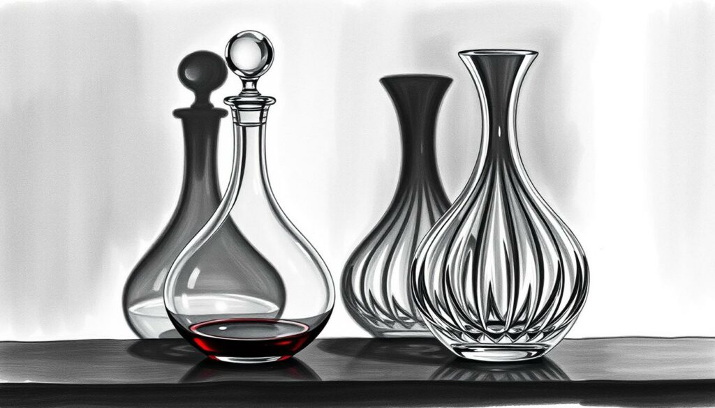 A classic glass decanter and a modern crystal carafe stand side by side on a dark wooden table, their shapes and textures in striking contrast. Soft shadows play across the surfaces, accentuating the smooth curves and crisp edges. The decanter's elegant silhouette suggests the slow, deliberate act of decanting, while the carafe's dynamic form evokes the quick, efficient process of pouring. Shades of grey and black predominate, punctuated by the occasional flash of color - perhaps a hint of ruby in the decanter or a glint of amber in the carafe. The overall mood is one of refined contemplation, inviting the viewer to consider the merits of each vessel and the occasion that calls for its use. A classic glass decanter and a modern crystal carafe stand side by side on a dark wooden table, their shapes and textures in striking contrast. Soft shadows play across the surfaces, accentuating the smooth curves and crisp edges. The decanter's elegant silhouette suggests the slow, deliberate act of decanting, while the carafe's dynamic form evokes the quick, efficient process of pouring. Shades of grey and black predominate, punctuated by the occasional flash of color - perhaps a hint of ruby in the decanter or a glint of amber in the carafe. The overall mood is one of refined contemplation, inviting the viewer to consider the merits of each vessel and the occasion that calls for its use.