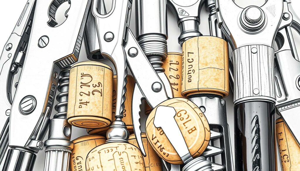 A close-up view of an assortment of distinctive wine openers designed to handle stubborn, difficult-to-remove corks. The tools are rendered in a muted, sketched aesthetic with a focus on technical details and functionality. Delicate, colored accents highlight the unique mechanisms and designs. The image conveys a sense of precision, problem-solving, and a appreciation for the specialized tools required to elegantly open wine bottles with challenging closures. A close-up view of an assortment of distinctive wine openers designed to handle stubborn, difficult-to-remove corks. The tools are rendered in a muted, sketched aesthetic with a focus on technical details and functionality. Delicate, colored accents highlight the unique mechanisms and designs. The image conveys a sense of precision, problem-solving, and a appreciation for the specialized tools required to elegantly open wine bottles with challenging closures.
