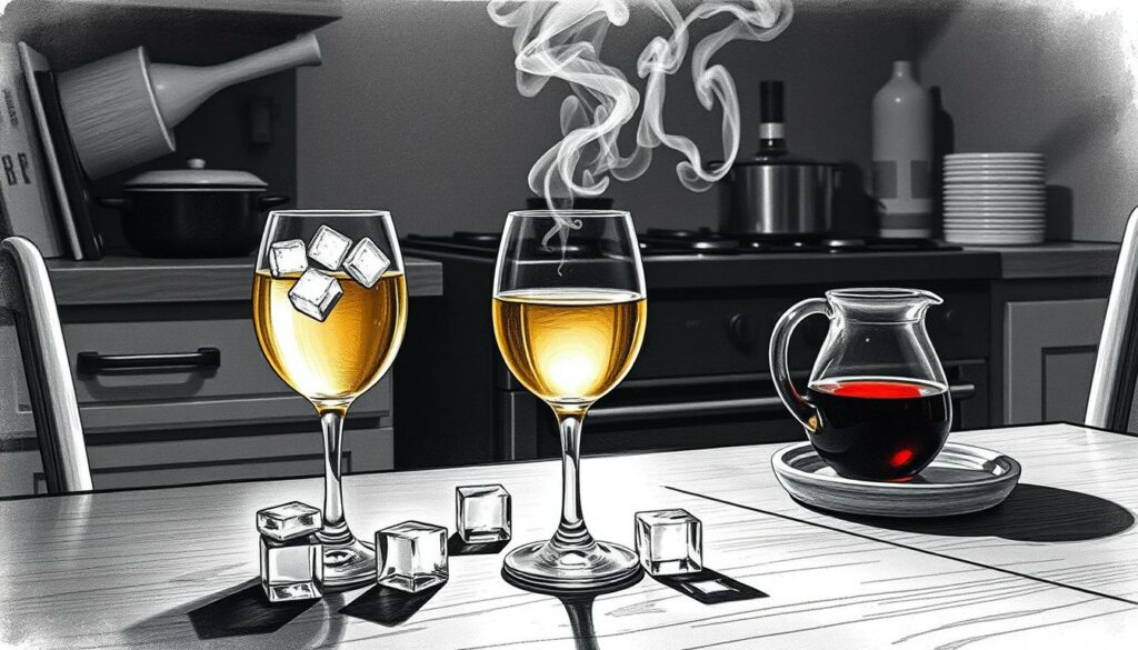 A cozy, dimly lit kitchen scene with a glass of chilled white wine on a wooden table, surrounded by ice cubes and a small carafe of red wine. In the background, a stove with a simmering pot, emitting warm, inviting steam. Soft, muted lighting casts gentle shadows, creating a sense of atmosphere and tranquility. The image is rendered in a distinctive black and white palette, with selective pops of color - the amber hue of the wine, the icy blue of the ice cubes, and the occasional warm accent of the stove's glow. The overall composition emphasizes the contrast between the cool and warm elements, reflecting the section's focus on the perfect serving temperature for wine. A cozy, dimly lit kitchen scene with a glass of chilled white wine on a wooden table, surrounded by ice cubes and a small carafe of red wine. In the background, a stove with a simmering pot, emitting warm, inviting steam. Soft, muted lighting casts gentle shadows, creating a sense of atmosphere and tranquility. The image is rendered in a distinctive black and white palette, with selective pops of color - the amber hue of the wine, the icy blue of the ice cubes, and the occasional warm accent of the stove's glow. The overall composition emphasizes the contrast between the cool and warm elements, reflecting the section's focus on the perfect serving temperature for wine.