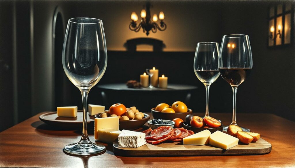 A cozy, intimate scene depicting a wine and food pairing, showcased against a moody, chiaroscuro backdrop. In the foreground, a delicate white wine glass sits atop a wooden table, casting a soft, reflective glow. Beside it, a carefully arranged spread of artisanal cheeses, cured meats, and fresh fruit, all rendered in a muted, earthy palette with hints of vibrant color. The middle ground features a pair of elegant, long-stemmed wine glasses, their contents hinting at the complex flavors and aromas to be explored. In the background, a dimly lit, atmospheric setting, with subtle architectural details and a sense of depth and perspective, creating a sense of invitation and anticipation. The lighting is dramatic, with a mix of warm, ambient tones and cooler, directional highlights, casting dynamic shadows and emphasizing the textures and forms of the scene. A cozy, intimate scene depicting a wine and food pairing, showcased against a moody, chiaroscuro backdrop. In the foreground, a delicate white wine glass sits atop a wooden table, casting a soft, reflective glow. Beside it, a carefully arranged spread of artisanal cheeses, cured meats, and fresh fruit, all rendered in a muted, earthy palette with hints of vibrant color. The middle ground features a pair of elegant, long-stemmed wine glasses, their contents hinting at the complex flavors and aromas to be explored. In the background, a dimly lit, atmospheric setting, with subtle architectural details and a sense of depth and perspective, creating a sense of invitation and anticipation. The lighting is dramatic, with a mix of warm, ambient tones and cooler, directional highlights, casting dynamic shadows and emphasizing the textures and forms of the scene.