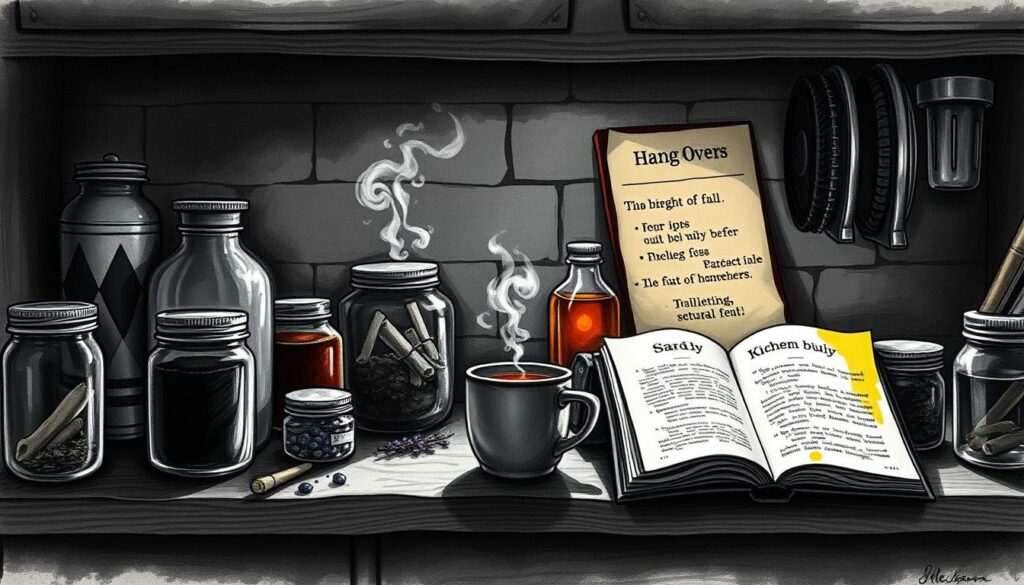 A cozy kitchen counter, cluttered with an array of homemade remedies - jars filled with mysterious concoctions, a steaming mug, and an open book revealing time-honored recipes. The dim, moody lighting casts dramatic shadows, emphasizing the various textures and shapes. Pops of color emerge from the occasional bright herb or tincture, hinting at the restorative properties within. The scene exudes a sense of quiet contemplation, as if seeking the ancient wisdom to soothe the weary soul after a night of revelry. A black and white illustration with selective color accents, capturing the essence of natural, time-tested cures for the dreaded hangover. A cozy kitchen counter, cluttered with an array of homemade remedies - jars filled with mysterious concoctions, a steaming mug, and an open book revealing time-honored recipes. The dim, moody lighting casts dramatic shadows, emphasizing the various textures and shapes. Pops of color emerge from the occasional bright herb or tincture, hinting at the restorative properties within. The scene exudes a sense of quiet contemplation, as if seeking the ancient wisdom to soothe the weary soul after a night of revelry. A black and white illustration with selective color accents, capturing the essence of natural, time-tested cures for the dreaded hangover.