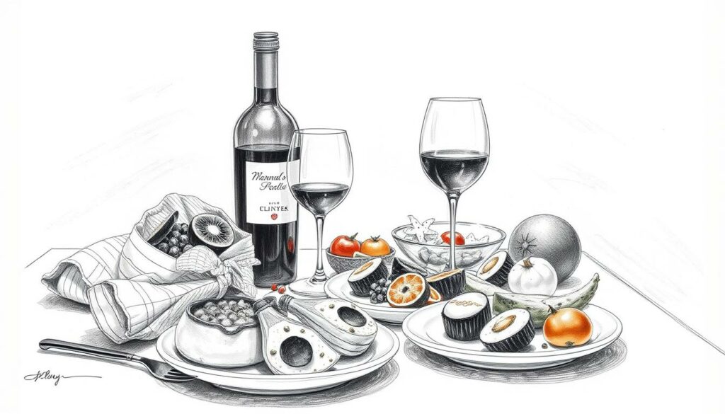 A cozy table setting with a bottle of wine, a wine glass, and an assortment of fresh, vibrant dishes. The arrangement is captured in a clean, minimalist black and white aesthetic, with subtle pops of color highlighting the textures and ingredients. The lighting is soft and diffused, creating a warm, inviting atmosphere. The composition emphasizes the harmonious pairing of the wine and the various culinary delights, conveying a sense of effortless elegance and sophistication. A cozy table setting with a bottle of wine, a wine glass, and an assortment of fresh, vibrant dishes. The arrangement is captured in a clean, minimalist black and white aesthetic, with subtle pops of color highlighting the textures and ingredients. The lighting is soft and diffused, creating a warm, inviting atmosphere. The composition emphasizes the harmonious pairing of the wine and the various culinary delights, conveying a sense of effortless elegance and sophistication.