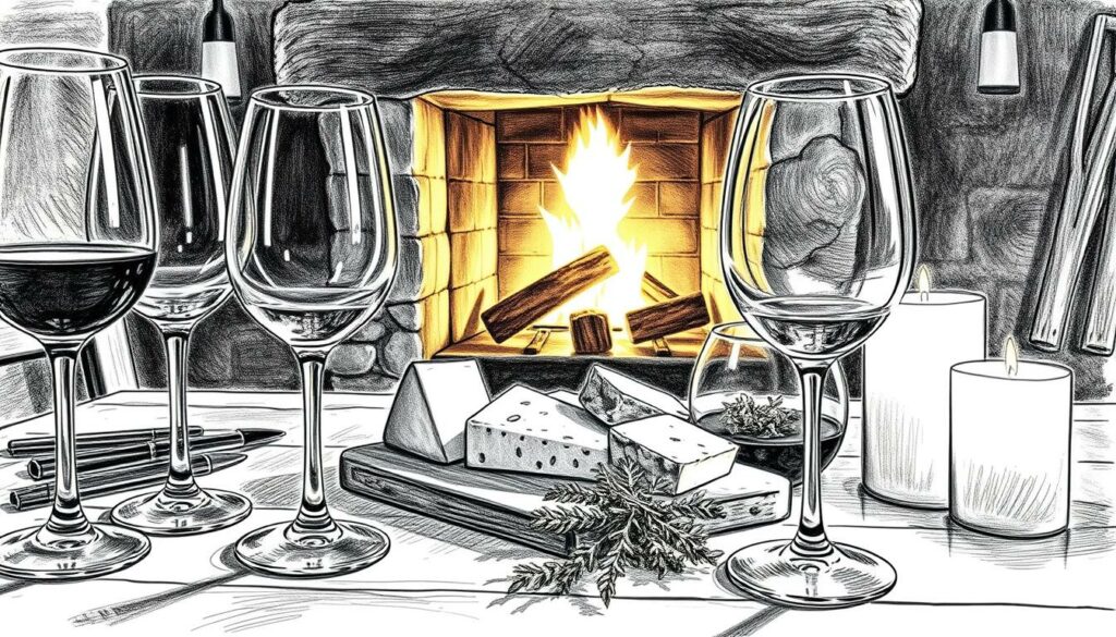 A cozy wine tasting experience unfolds in a rustic, candlelit setting. In the foreground, delicate wine glasses await, their stems casting long shadows. The middle ground features a selection of artisanal cheeses, crusty bread, and fragrant herbs, all rendered in precise black-and-white detail. In the background, the warm glow of a fireplace casts a soft, ambient light, evoking a sense of comfort and conviviality. Punctuated by subtle pops of color, this immersive tableau invites the viewer to savor the pleasures of wine appreciation in an intimate, atmospheric setting.