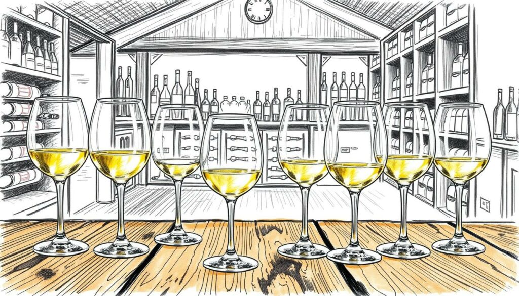 A cozy wine tasting scene with a simple elegance. In the foreground, an array of white wine glasses, their stems delicately balanced on a rustic wooden table. The background features a minimalist, black-and-white sketch of a wine cellar, with towering shelves and a subtle play of light and shadow. Carefully placed amid the glassware, vibrant splashes of color highlight the golden hues of the Weißwein, drawing the eye and inviting further exploration. The overall mood is one of understated sophistication, capturing the essence of discovering the joys of white wine for the beginner enthusiast.