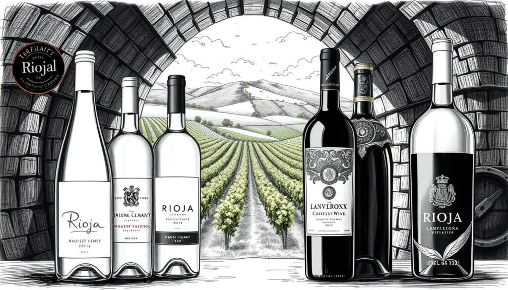 A crisp, black-and-white illustration showcasing the juxtaposition of modern and traditional Rioja wines. In the foreground, sleek, minimalist wine bottles with clean labels stand alongside ornate, vintage-inspired bottles with intricate embellishments. The middle ground features a lush, rolling vineyard landscape, with vibrant pops of color in the form of grapevines and the sky. The background depicts a dimly lit, historic wine cellar, its stone walls casting dramatic shadows. The overall composition conveys the rich heritage and evolution of the Rioja winemaking tradition.