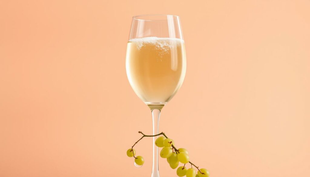 A crisp, elegant glass of Pinot Grigio against a soft, pastel-tinted background, capturing the essence of Drew Barrymore's signature wine. The glass is illuminated by warm, natural lighting, highlighting the pale golden hue and delicate bubbles within. In the foreground, a sprig of fresh, green grapes cascades down, adding a touch of vitality and the promise of the wine's refreshing acidity. The overall composition exudes a sense of sophistication and refinement, reflecting the careful craftsmanship and attention to detail that goes into Drew Barrymore's exceptional Pinot Grigio.