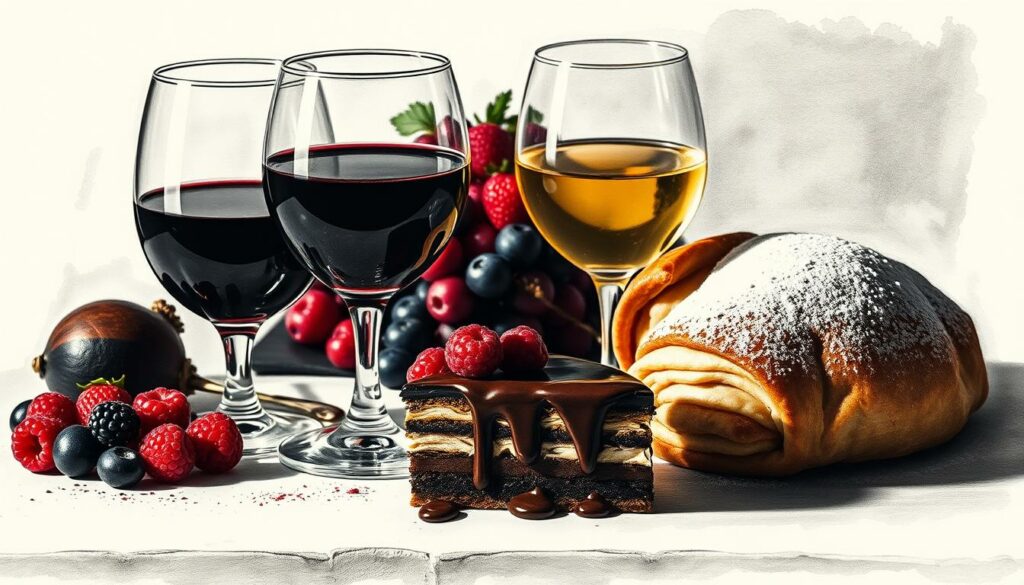 A delectable arrangement of decadent desserts and harmonious wines, captured in a chiaroscuro of ebony and ivory with pops of jewel-toned splendor. In the foreground, a sumptuous chocolate torte, its glistening ganache dripping with allure, paired with a glass of rich, ruby port. Alongside, a delicate apple strudel, its flaky pastry dusted with powdered sugar, complemented by a golden-hued Riesling. In the background, a selection of vibrant berries, their vibrant hues adding a touch of vibrancy to the scene. The lighting casts dramatic shadows, heightening the contrast and creating an atmosphere of refined elegance. This harmonious pairing of sweet indulgences and their wine counterparts invites the viewer to savor the pleasures of a well-executed dessert and wine combination. A delectable arrangement of decadent desserts and harmonious wines, captured in a chiaroscuro of ebony and ivory with pops of jewel-toned splendor. In the foreground, a sumptuous chocolate torte, its glistening ganache dripping with allure, paired with a glass of rich, ruby port. Alongside, a delicate apple strudel, its flaky pastry dusted with powdered sugar, complemented by a golden-hued Riesling. In the background, a selection of vibrant berries, their vibrant hues adding a touch of vibrancy to the scene. The lighting casts dramatic shadows, heightening the contrast and creating an atmosphere of refined elegance. This harmonious pairing of sweet indulgences and their wine counterparts invites the viewer to savor the pleasures of a well-executed dessert and wine combination.