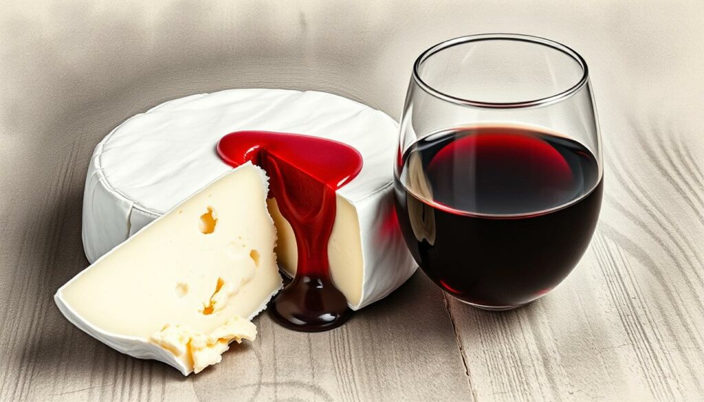 A delicate arrangement of soft, creamy Brie-style cheese and a glass of rich, ruby-hued red wine. The cheese's velvety rind gently contrasts with the wine's deep, sophisticated tones. Soft, muted lighting casts a warm, inviting glow, highlighting the subtle shadings and textures of the composition. Carefully placed on a rustic wooden surface, the pairing exudes an air of understated elegance and refined taste. Rendered in a restrained palette of graphite and precise pops of color, the image captures the essence of this harmonious, indulgent culinary experience.