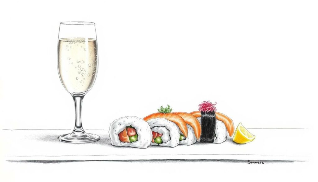 A delicate dance of effervescent bubbles and delicate sushi morsels. Against a minimalist backdrop, a chilled glass of sparkling wine casts a gentle shimmer, its pale hue contrasting with the vibrant colors of freshly prepared sashimi and nigiri. Meticulously arranged on a sleek, monochrome surface, the harmony of flavors and textures invites the viewer to savor this unexpected pairing. Soft, diffused lighting emphasizes the intricate details, while strategic pops of color - perhaps a vibrant garnish or a perfectly placed lemon wedge - add visual interest to the black-and-white composition. This image captures the essence of the "Schaumwein: Die prickelnde Überraschung" section, where the unexpected marriage of bubbles and sushi delights the senses. A delicate dance of effervescent bubbles and delicate sushi morsels. Against a minimalist backdrop, a chilled glass of sparkling wine casts a gentle shimmer, its pale hue contrasting with the vibrant colors of freshly prepared sashimi and nigiri. Meticulously arranged on a sleek, monochrome surface, the harmony of flavors and textures invites the viewer to savor this unexpected pairing. Soft, diffused lighting emphasizes the intricate details, while strategic pops of color - perhaps a vibrant garnish or a perfectly placed lemon wedge - add visual interest to the black-and-white composition. This image captures the essence of the "Schaumwein: Die prickelnde Überraschung" section, where the unexpected marriage of bubbles and sushi delights the senses.