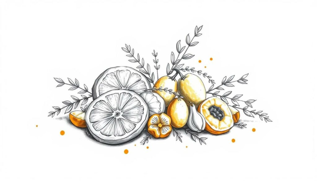 A detailed and artful illustration of the aromatic profile of orange wine, rendered in a minimalist black and white palette with selective color accents. Prominent notes of citrus, stone fruit, and earthy undertones are depicted through a finely detailed botanical study, capturing the complex flavors and textures of this unique wine varietal. The composition features a central arrangement of sliced oranges, dried apricots, and sprigs of herbs against a softly blurred background, creating a sense of depth and balance. Subtle hints of copper and amber hues complement the monochromatic scheme, evoking the natural oxidative qualities that define the orange wine style. An artistic, yet informative visual that captures the essence of this distinctive and increasingly popular wine. A detailed and artful illustration of the aromatic profile of orange wine, rendered in a minimalist black and white palette with selective color accents. Prominent notes of citrus, stone fruit, and earthy undertones are depicted through a finely detailed botanical study, capturing the complex flavors and textures of this unique wine varietal. The composition features a central arrangement of sliced oranges, dried apricots, and sprigs of herbs against a softly blurred background, creating a sense of depth and balance. Subtle hints of copper and amber hues complement the monochromatic scheme, evoking the natural oxidative qualities that define the orange wine style. An artistic, yet informative visual that captures the essence of this distinctive and increasingly popular wine.