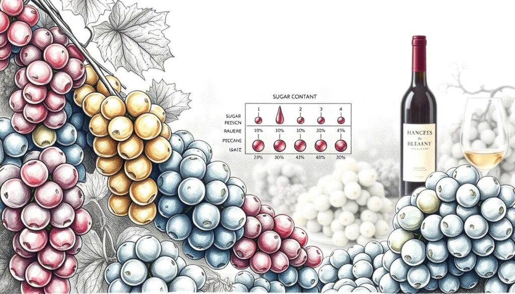 A detailed, black and white illustration depicting various grape varieties and their corresponding sugar content levels. The foreground showcases a vibrant array of grape clusters, each with a distinct color and texture. The middle ground features a schematic diagram highlighting the sugar percentage range for different grape types, conveyed through precise data visualizations. The background subtly suggests a winemaking setting, with hazy, muted tones evoking a sense of artisanal craft. Selective pops of color, such as deep burgundy or golden hues, draw the viewer's attention to key elements. The overall composition strikes a balance between technical precision and aesthetic appeal, inviting the viewer to explore the interplay between grape varieties and their impact on wine's caloric content. A detailed, black and white illustration depicting various grape varieties and their corresponding sugar content levels. The foreground showcases a vibrant array of grape clusters, each with a distinct color and texture. The middle ground features a schematic diagram highlighting the sugar percentage range for different grape types, conveyed through precise data visualizations. The background subtly suggests a winemaking setting, with hazy, muted tones evoking a sense of artisanal craft. Selective pops of color, such as deep burgundy or golden hues, draw the viewer's attention to key elements. The overall composition strikes a balance between technical precision and aesthetic appeal, inviting the viewer to explore the interplay between grape varieties and their impact on wine's caloric content.