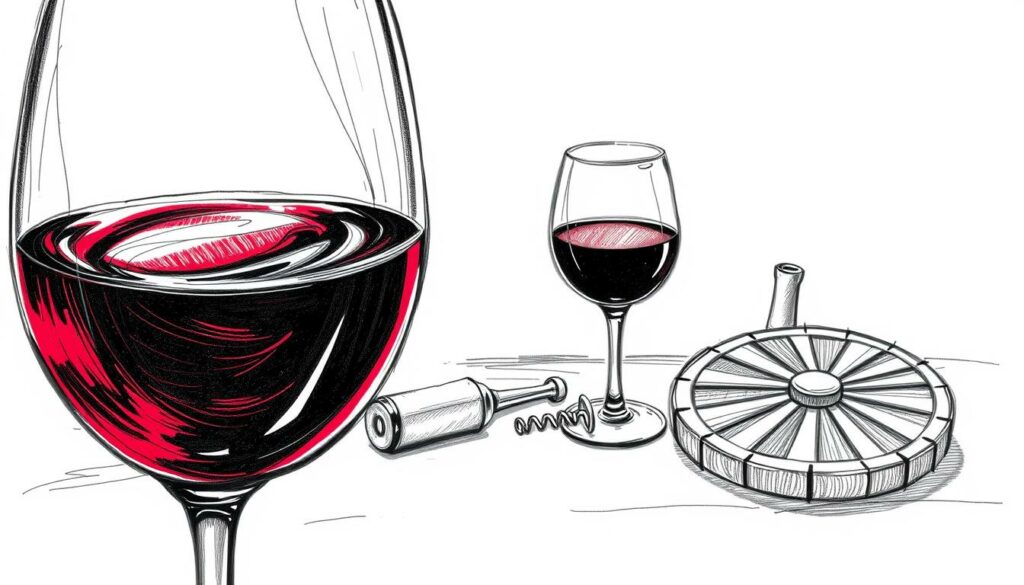 A detailed black and white sketch depicting the sensory experience of wine, with selective pops of color to highlight key elements. The foreground features a close-up of a wine glass, the contents swirling and refracting light, hinting at the complex flavors and aromas within. The middle ground showcases a variety of wine tasting tools - a corkscrew, a pipette, and a tasting wheel - arranged artfully. The background is a minimalist, textured gradient, allowing the primary subjects to take center stage. The overall mood is one of thoughtful contemplation, inviting the viewer to engage their senses and explore the nuances of wine tasting.
