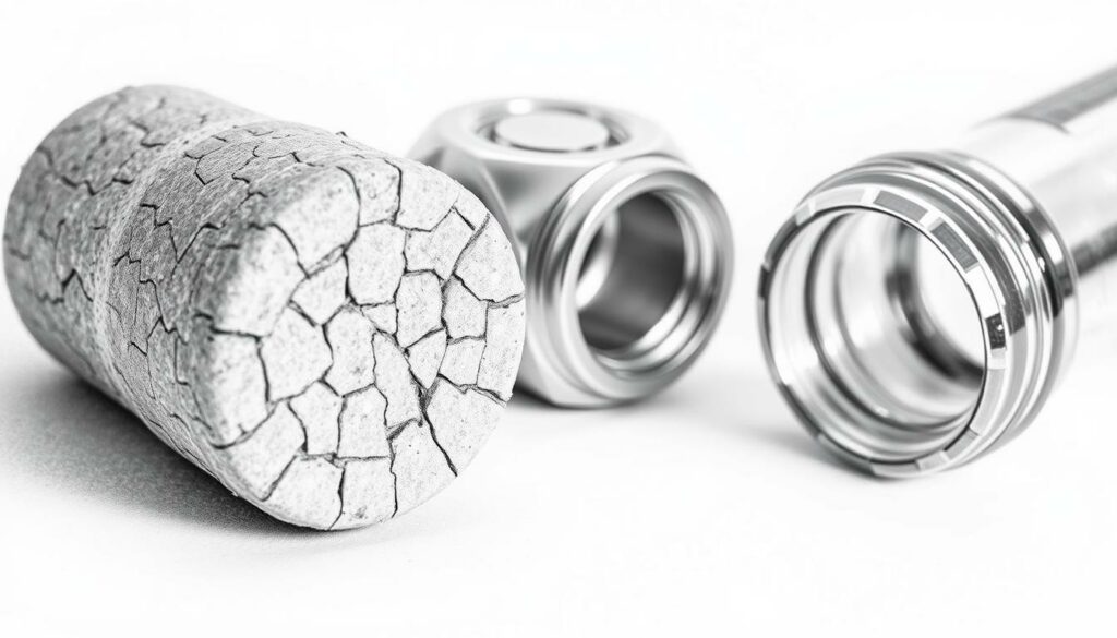 A detailed comparison of various closure types, showcasing their unique characteristics and differences. In the foreground, a delicate cork stopper, its organic texture and subtle variations in shades of gray capture the essence of natural materials. Alongside, a sleek metal screw cap, its polished surface reflecting the surrounding light. In the background, the elegant silhouette of a glass bottle closure, its transparent design allowing the viewer to appreciate the intricate inner workings. The scene is rendered in a monochromatic palette with selective pops of color, emphasizing the technical details and the careful consideration of each closure option. The lighting is soft and directional, creating a sense of depth and highlighting the tactile qualities of the materials. The overall composition invites the viewer to closely examine and compare the distinctive features of these closure systems. A detailed comparison of various closure types, showcasing their unique characteristics and differences. In the foreground, a delicate cork stopper, its organic texture and subtle variations in shades of gray capture the essence of natural materials. Alongside, a sleek metal screw cap, its polished surface reflecting the surrounding light. In the background, the elegant silhouette of a glass bottle closure, its transparent design allowing the viewer to appreciate the intricate inner workings. The scene is rendered in a monochromatic palette with selective pops of color, emphasizing the technical details and the careful consideration of each closure option. The lighting is soft and directional, creating a sense of depth and highlighting the tactile qualities of the materials. The overall composition invites the viewer to closely examine and compare the distinctive features of these closure systems.