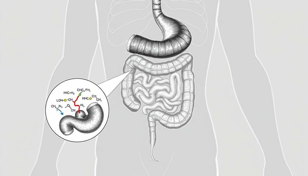A detailed cross-section of the human body, highlighting the metabolic processes of sulfites. Depicted in a stylized, technical illustration using a muted, monochromatic palette with strategic pops of color. The foreground features a magnified view of the digestive system, showcasing the chemical reactions and pathways involved in the breakdown and absorption of sulfites. The middle ground reveals the circulatory system, demonstrating how sulfites are transported and distributed throughout the body. The background contextualizes this process within the broader physiological systems, including the respiratory and excretory functions. Rendered in a precise, diagrammatic style with clean lines, subtle shading, and a sense of depth and dimensionality to convey the complex, interrelated nature of sulfite metabolism. A detailed cross-section of the human body, highlighting the metabolic processes of sulfites. Depicted in a stylized, technical illustration using a muted, monochromatic palette with strategic pops of color. The foreground features a magnified view of the digestive system, showcasing the chemical reactions and pathways involved in the breakdown and absorption of sulfites. The middle ground reveals the circulatory system, demonstrating how sulfites are transported and distributed throughout the body. The background contextualizes this process within the broader physiological systems, including the respiratory and excretory functions. Rendered in a precise, diagrammatic style with clean lines, subtle shading, and a sense of depth and dimensionality to convey the complex, interrelated nature of sulfite metabolism.