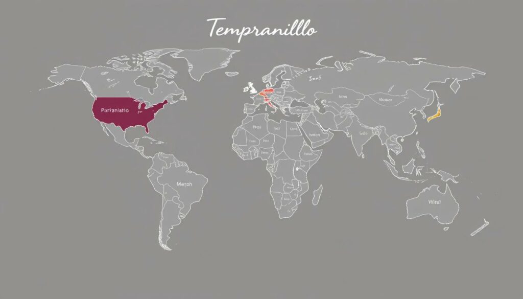 A detailed map of the global distribution of the Tempranillo grape variety, showcasing its major growing regions. The image should have a clean, minimalist style, rendered in a muted black and white palette with selective color accents. Depict the world map as the central focus, surrounded by stylized vine illustrations and subtle textural elements to evoke the viniculture theme. Utilize a combination of technical precision and artistic flair to create a visually striking, informative, and cohesive illustration that effectively communicates the global reach of this iconic Spanish grape. A detailed map of the global distribution of the Tempranillo grape variety, showcasing its major growing regions. The image should have a clean, minimalist style, rendered in a muted black and white palette with selective color accents. Depict the world map as the central focus, surrounded by stylized vine illustrations and subtle textural elements to evoke the viniculture theme. Utilize a combination of technical precision and artistic flair to create a visually striking, informative, and cohesive illustration that effectively communicates the global reach of this iconic Spanish grape.