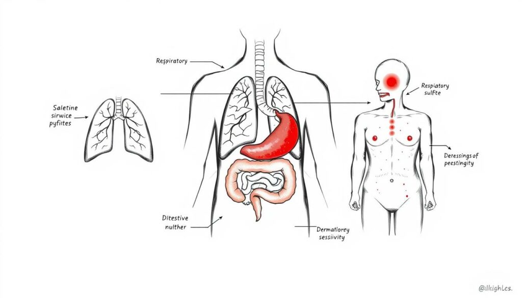 A detailed medical diagram depicting the potential health impacts of sulfites. A sleek, minimalist illustration showcasing the respiratory, digestive, and dermatological effects of sulfite sensitivity. Rendered in a muted palette of black, white, and subtle pops of color to highlight key areas of concern. Clean, technical lines convey the scientific nature of the subject, while a sense of unease and vulnerability is evoked through the anatomical focus. Balanced composition with clear delineation of foreground, middle ground, and background elements. Soft, directional lighting casts dramatic shadows, underscoring the gravity of the topic. An impactful, informative visual to accompany the article's exploration of sulfite facts and myths. A detailed medical diagram depicting the potential health impacts of sulfites. A sleek, minimalist illustration showcasing the respiratory, digestive, and dermatological effects of sulfite sensitivity. Rendered in a muted palette of black, white, and subtle pops of color to highlight key areas of concern. Clean, technical lines convey the scientific nature of the subject, while a sense of unease and vulnerability is evoked through the anatomical focus. Balanced composition with clear delineation of foreground, middle ground, and background elements. Soft, directional lighting casts dramatic shadows, underscoring the gravity of the topic. An impactful, informative visual to accompany the article's exploration of sulfite facts and myths.