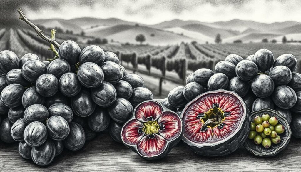 A detailed still-life scene depicting various grape varietals with high tannin content. In the foreground, clusters of thick-skinned, dark purple grapes are arranged, their textured surfaces glistening under dramatic lighting. In the middle ground, cross-sections of the grapes reveal their dense, tannic flesh, with pops of vibrant color. The background features a blurred, moody landscape of rolling vineyards, hinting at the origins of these robust, full-bodied wine grapes. The composition is rendered in a striking black and white palette, with only the grapes themselves accented in muted shades of purple, red, and green, creating a sense of visual tension and emphasis on the tannic properties of the subject matter.