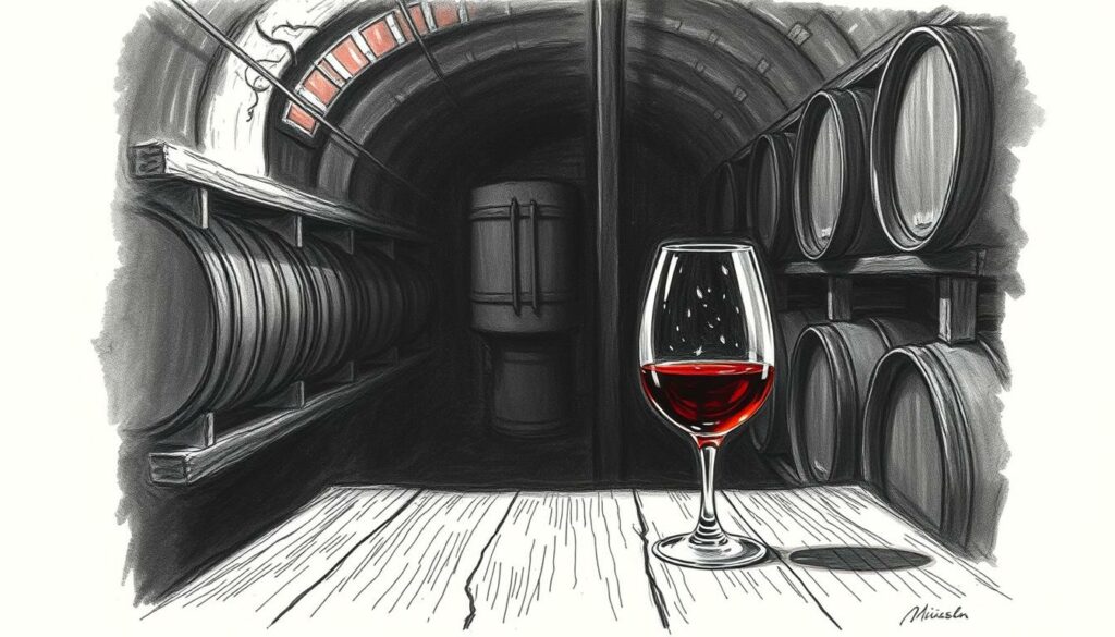 A dimly lit cellar, the air thick with the scent of aging wine. A single glass of ruby-red liquid sits on a weathered wooden table, its surface gently rippling. Peering intently, the viewer catches a glimpse of something unusual - tiny, wispy shapes drifting within the wine, like ghostly motes of dust. This is "Mäuseln", the rarest and most perplexing of wine flaws, captured in a striking black-and-white sketch with subtle pops of color. The scene conveys a sense of mystery and intrigue, inviting the viewer to delve deeper into this enigmatic phenomenon. A dimly lit cellar, the air thick with the scent of aging wine. A single glass of ruby-red liquid sits on a weathered wooden table, its surface gently rippling. Peering intently, the viewer catches a glimpse of something unusual - tiny, wispy shapes drifting within the wine, like ghostly motes of dust. This is "Mäuseln", the rarest and most perplexing of wine flaws, captured in a striking black-and-white sketch with subtle pops of color. The scene conveys a sense of mystery and intrigue, inviting the viewer to delve deeper into this enigmatic phenomenon.