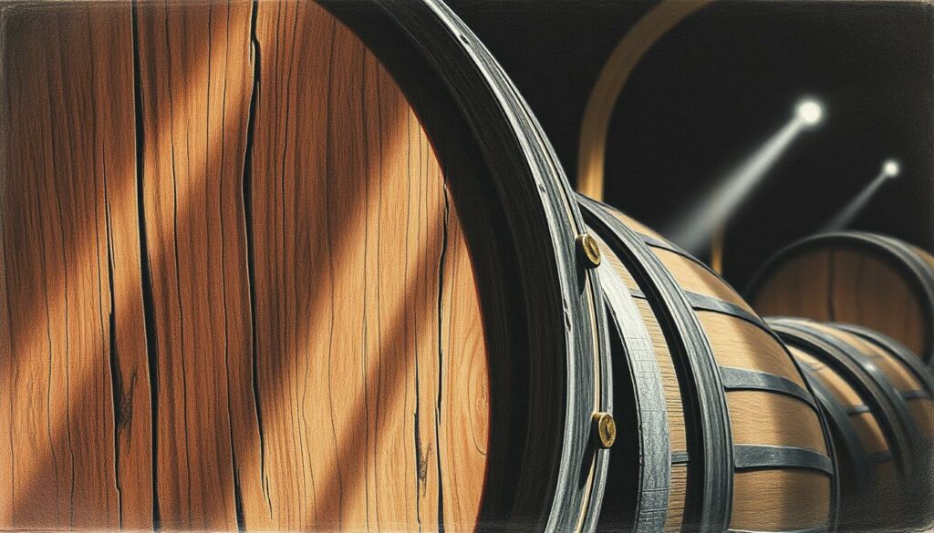 A dimly lit oak barrel rests in a shadowy cellar, its weathered surface casting gentle shadows. Soft beams of light pierce through cracks, illuminating the rich, mahogany hues of the wood. The barrel's brass hoops gleam subtly, hinting at the care and craftsmanship that has gone into its making. The air is thick with the scent of aging wine, a symphony of aromas that promise a complex, nuanced flavor profile. In the background, the faint outline of additional barrels can be seen, their presence hinting at the patience and dedication required to produce exceptional Rioja wines.