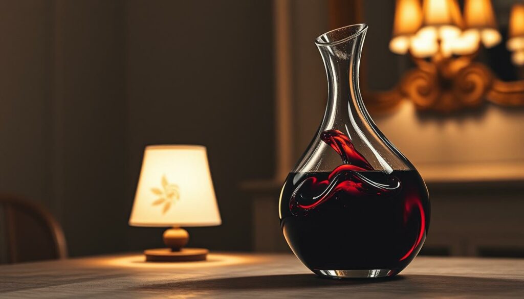 A dimly lit room, the soft glow of a single lamp illuminating a graceful crystal decanter. Its contents, a deep, ruby-red wine, swirling gently as it aerates, unlocking hidden aromas and flavors. The foreground is sharp, the decanter's intricate details captured in high contrast. The background fades into soft, blurred elegance, hinting at the connoisseur's setting. Carefully composed, the image conveys the ritual of decanting, the reverence for older, more complex wines that benefit from this transformative process. Muted tones with strategically placed pops of color draw the eye to the decanter, the focus of this serene, contemplative scene.