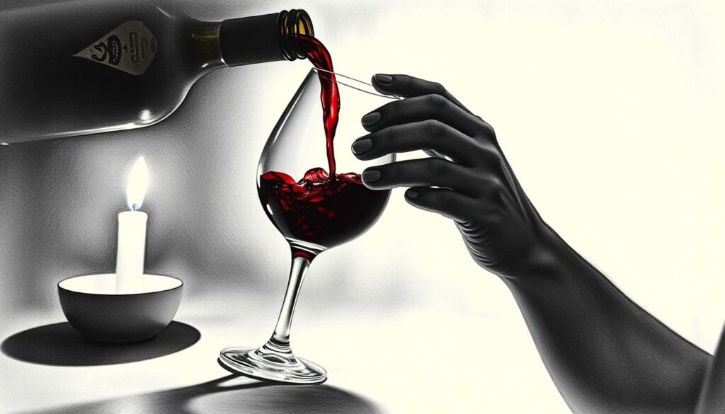 A dimly lit scene showing a person carefully decanting a glass of red wine, with the glow of a single candle illuminating the process. The wine flows gracefully from the bottle into a crystal decanter, casting soft shadows and creating a warm, intimate atmosphere. The hands are in focus, delicately swirling the liquid, while the background is slightly blurred, emphasizing the importance of the act. The image is rendered in a black and white palette, with selective color accents highlighting the deep crimson of the wine and the flickering flame of the candle.