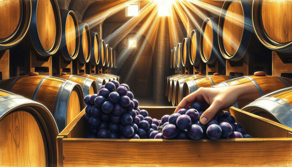 A dimly lit wine cellar, oak barrels stacked high, their weathered surfaces gleaming under soft, golden light. Tempranillo grapes, deep purple and glistening, tumble from a wooden crate as a hand reaches in, feeling the supple texture. Ribbons of light filter through small windows, casting long shadows across the aged, stone walls. The air is thick with the scent of oak and the faint aroma of fermenting wine. A sense of patience and craftsmanship pervades the scene, as the Tempranillo rests, slowly developing its distinctive flavors through the Ausbau process in these venerable casks. A dimly lit wine cellar, oak barrels stacked high, their weathered surfaces gleaming under soft, golden light. Tempranillo grapes, deep purple and glistening, tumble from a wooden crate as a hand reaches in, feeling the supple texture. Ribbons of light filter through small windows, casting long shadows across the aged, stone walls. The air is thick with the scent of oak and the faint aroma of fermenting wine. A sense of patience and craftsmanship pervades the scene, as the Tempranillo rests, slowly developing its distinctive flavors through the Ausbau process in these venerable casks.