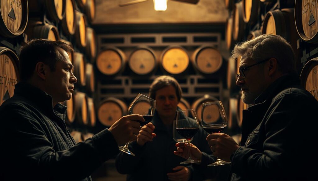 A dimly lit wine cellar, shelves lined with aged oak barrels. In the foreground, three friends gathered, their expressions somber, as they swirl and sip a rich, ruby-hued wine. The mood is pensive, introspective, the weight of the moment palpable. Soft, warm lighting casts gentle shadows, highlighting the tactile textures of the wood and glassware. The camera angle is low, placing the viewer among the friends, a participant in their contemplative ritual. This scene embodies the idea behind Matthias Schweighöfer's wine - a shared experience, a moment of connection, of quiet reflection. A dimly lit wine cellar, shelves lined with aged oak barrels. In the foreground, three friends gathered, their expressions somber, as they swirl and sip a rich, ruby-hued wine. The mood is pensive, introspective, the weight of the moment palpable. Soft, warm lighting casts gentle shadows, highlighting the tactile textures of the wood and glassware. The camera angle is low, placing the viewer among the friends, a participant in their contemplative ritual. This scene embodies the idea behind Matthias Schweighöfer's wine - a shared experience, a moment of connection, of quiet reflection.