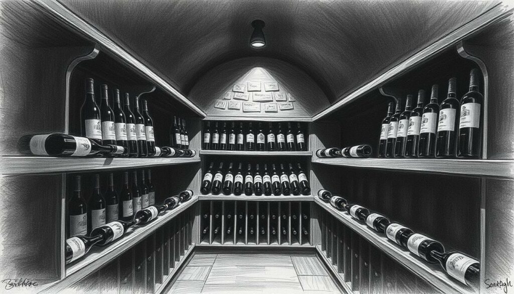 A dimly lit wine cellar, shelves lining the walls, bottles resting in a horizontal position. Soft shadows cast by a single overhead light, highlighting the gentle curves of the bottles. The scene exudes a sense of tranquility and careful preservation, inviting the viewer to imagine the precious contents within. The image is rendered in a muted palette of black, white, and subtle pops of color, emphasizing the timeless elegance of proper wine storage. A dimly lit wine cellar, shelves lining the walls, bottles resting in a horizontal position. Soft shadows cast by a single overhead light, highlighting the gentle curves of the bottles. The scene exudes a sense of tranquility and careful preservation, inviting the viewer to imagine the precious contents within. The image is rendered in a muted palette of black, white, and subtle pops of color, emphasizing the timeless elegance of proper wine storage.