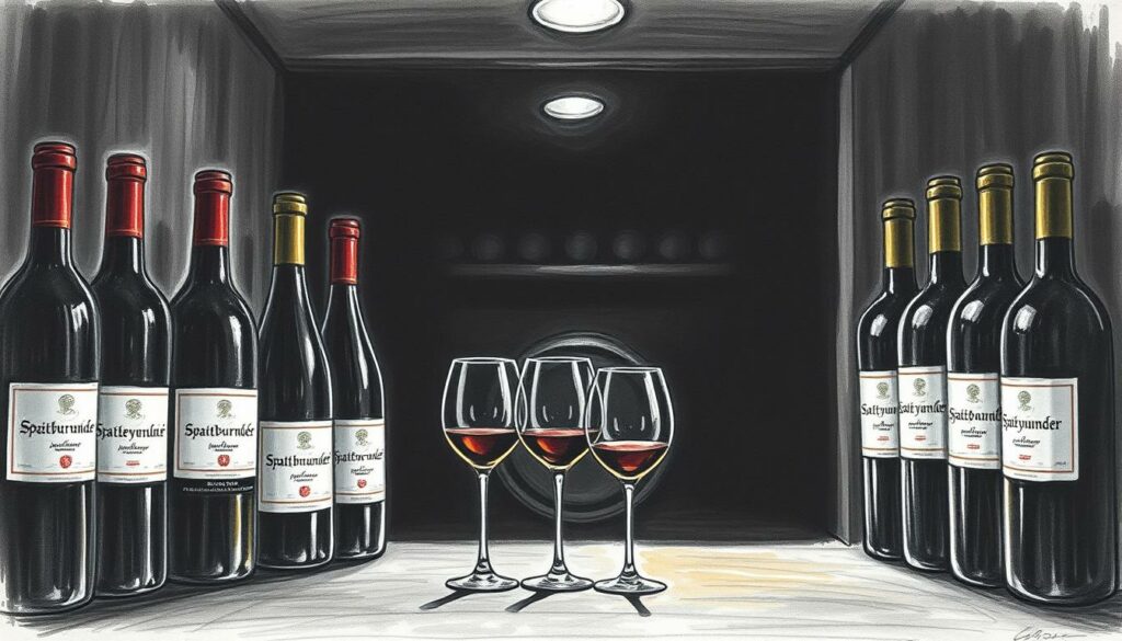 A dimly lit wine cellar, the air thick with the scent of oak and vintage. In the foreground, a lineup of Spätburgunder (Pinot Noir) bottles, their labels a study in contrast - from the delicate blush of a light-bodied vintage to the deep ruby hues of a complex, full-bodied expression. The middle ground reveals a series of wine glasses, each capturing the unique character of the different Spätburgunder styles - some with a hint of pepper, others with a whisper of cherries. In the background, shadowy shelves hold the promise of more intriguing variations, waiting to be discovered. The scene is rendered in a soft, charcoal-like palette, punctuated by the occasional burst of color - a deep burgundy, a golden shimmer - hinting at the depth and complexity within. A dimly lit wine cellar, the air thick with the scent of oak and vintage. In the foreground, a lineup of Spätburgunder (Pinot Noir) bottles, their labels a study in contrast - from the delicate blush of a light-bodied vintage to the deep ruby hues of a complex, full-bodied expression. The middle ground reveals a series of wine glasses, each capturing the unique character of the different Spätburgunder styles - some with a hint of pepper, others with a whisper of cherries. In the background, shadowy shelves hold the promise of more intriguing variations, waiting to be discovered. The scene is rendered in a soft, charcoal-like palette, punctuated by the occasional burst of color - a deep burgundy, a golden shimmer - hinting at the depth and complexity within.