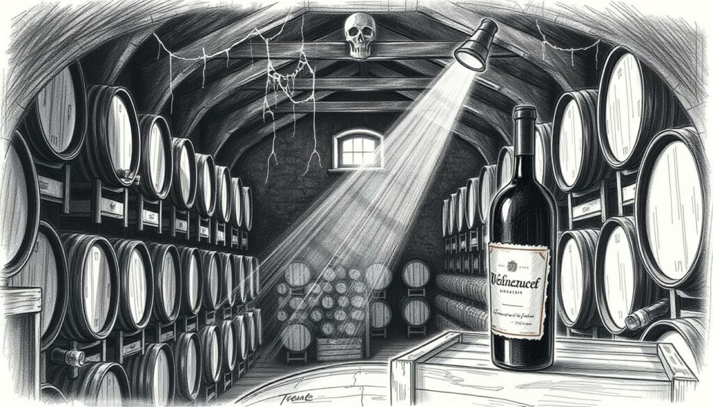 A dimly lit wine cellar with rows of oak barrels and stacked bottles, casting soft shadows. Dusty cobwebs hang from the rafters, and a single beam of light filters through a small window, illuminating the scene. In the foreground, a wine bottle sits on a wooden crate, its label peeled and faded, a visual metaphor for the "Weinlagerung Fehler vermeiden" theme. Hues of black, white, and muted tones dominate, with subtle splashes of color - perhaps a hint of red wine or the brass fittings on the barrels - drawing the eye to key details. The overall atmosphere conveys a sense of age, history, and the importance of proper wine storage. A dimly lit wine cellar with rows of oak barrels and stacked bottles, casting soft shadows. Dusty cobwebs hang from the rafters, and a single beam of light filters through a small window, illuminating the scene. In the foreground, a wine bottle sits on a wooden crate, its label peeled and faded, a visual metaphor for the "Weinlagerung Fehler vermeiden" theme. Hues of black, white, and muted tones dominate, with subtle splashes of color - perhaps a hint of red wine or the brass fittings on the barrels - drawing the eye to key details. The overall atmosphere conveys a sense of age, history, and the importance of proper wine storage.