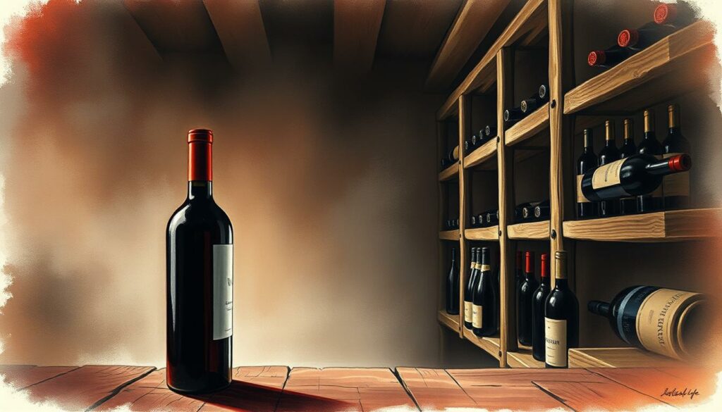 A dimly lit wine cellar with weathered wooden shelves, showcasing a variety of wine bottles in various stages of storage. The focus is on a single open bottle, gently lit from the side, highlighting the rich burgundy hue of the wine and the elegant glass. The background features a hazy, atmospheric setting with subtle hints of color, creating a sense of tranquility and the passage of time. The overall composition conveys the importance of proper wine storage for maintaining the integrity and flavor of an open bottle. A dimly lit wine cellar with weathered wooden shelves, showcasing a variety of wine bottles in various stages of storage. The focus is on a single open bottle, gently lit from the side, highlighting the rich burgundy hue of the wine and the elegant glass. The background features a hazy, atmospheric setting with subtle hints of color, creating a sense of tranquility and the passage of time. The overall composition conveys the importance of proper wine storage for maintaining the integrity and flavor of an open bottle.