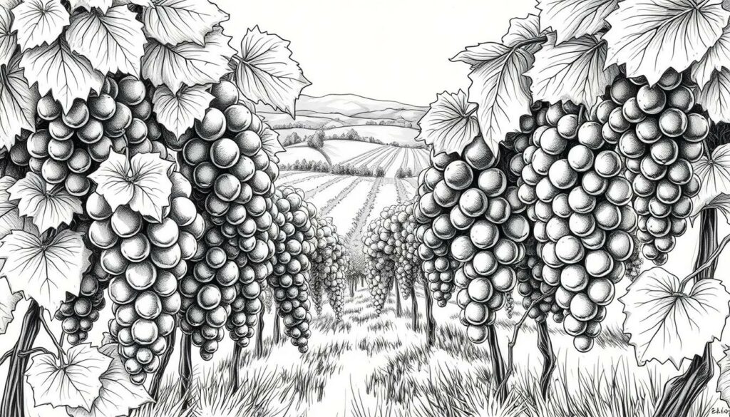 A diverse array of grape varieties, each with its own unique balance of acidity, take center stage in a meticulously crafted black and white illustration. Precise linework and subtle pops of color capture the intricate textures and profiles of these vines, inviting the viewer to explore the natural variations in winemaking. The composition features a harmonious arrangement, with the grapes and leaves occupying the foreground, while the middle ground showcases the interplay of light and shadow. In the background, a softly blurred landscape sets the stage, allowing the focal point to shine. This image aims to visually convey the essential role that acidity plays in the character and quality of different grape varieties, setting the stage for a deeper exploration of the topic. A diverse array of grape varieties, each with its own unique balance of acidity, take center stage in a meticulously crafted black and white illustration. Precise linework and subtle pops of color capture the intricate textures and profiles of these vines, inviting the viewer to explore the natural variations in winemaking. The composition features a harmonious arrangement, with the grapes and leaves occupying the foreground, while the middle ground showcases the interplay of light and shadow. In the background, a softly blurred landscape sets the stage, allowing the focal point to shine. This image aims to visually convey the essential role that acidity plays in the character and quality of different grape varieties, setting the stage for a deeper exploration of the topic.