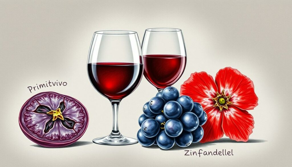 A finely detailed illustration depicting the distinct flavor profiles of Primitivo and Zinfandel grapes. In the foreground, a cross-section of a Primitivo grape reveals its deep, inky hue and luscious, jammy texture, while a Zinfandel grape showcases its vibrant, ruby-red flesh and bold, peppery notes. In the middle ground, a pair of wine glasses stand side by side, one filled with a rich, garnet-colored Primitivo, the other showcasing the bright, crimson Zinfandel. The background features a soft, charcoal-gray gradient, allowing the vivid colors and textures of the grapes and wines to take center stage, punctuated by delicate, highlighted details in muted shades of ochre and sienna.