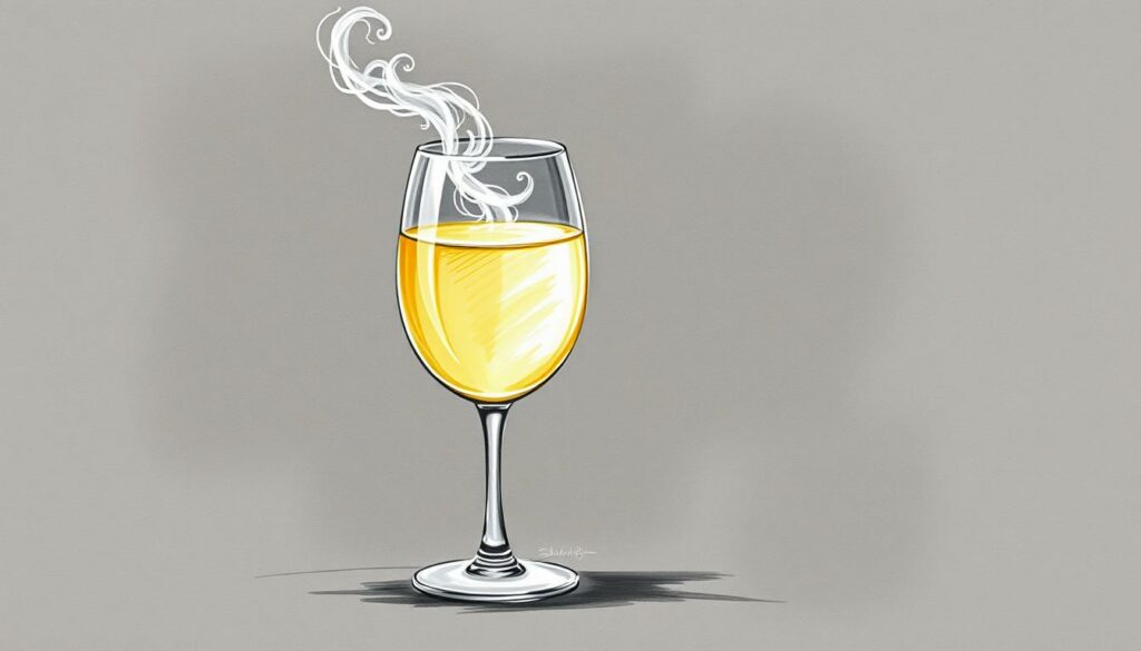 A glass filled with a pale, golden liquid, with a slight hazy appearance. Delicate, feathery wisps of steam rise from the surface, hinting at the wine's complex aroma. Streaks of color, like brushstrokes, add depth and texture, suggesting the subtle nuances of the milky, lactic notes. The background is a muted, charcoal-like expanse, allowing the wine to take center stage, its captivating essence the focal point. Sparse, gestural lines and hints of color accent the scene, creating a sense of balance and artistry. The overall aesthetic is one of refined simplicity, capturing the essence of the "Milchsäureton" in a wine tasting experience. A glass filled with a pale, golden liquid, with a slight hazy appearance. Delicate, feathery wisps of steam rise from the surface, hinting at the wine's complex aroma. Streaks of color, like brushstrokes, add depth and texture, suggesting the subtle nuances of the milky, lactic notes. The background is a muted, charcoal-like expanse, allowing the wine to take center stage, its captivating essence the focal point. Sparse, gestural lines and hints of color accent the scene, creating a sense of balance and artistry. The overall aesthetic is one of refined simplicity, capturing the essence of the "Milchsäureton" in a wine tasting experience.