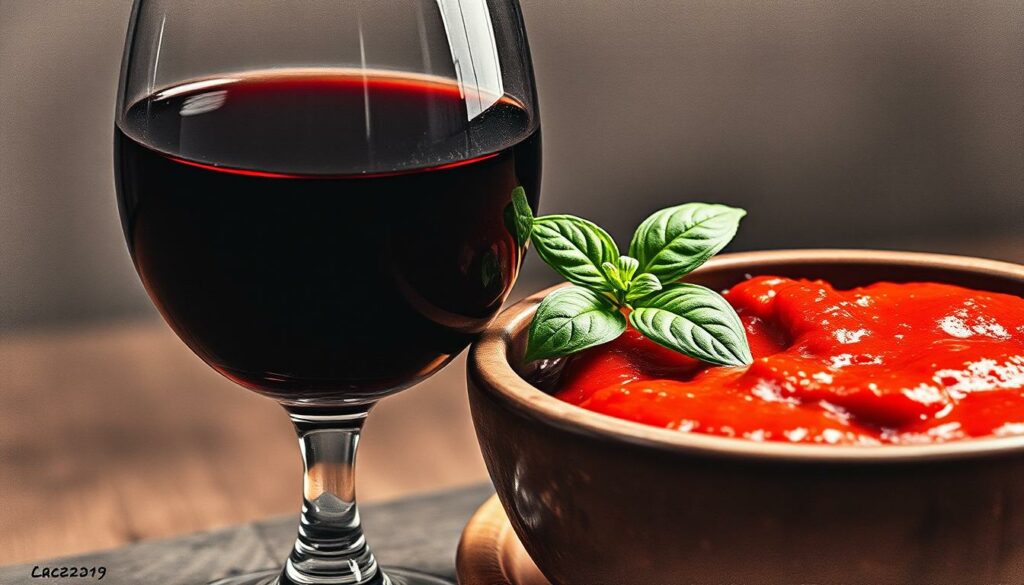 A glass of deep, rich red wine sits alongside a rustic bowl of homemade tomato sauce, the contrast of the crimson hues creating a captivating visual harmony. The glossy surface of the wine reflects the warm lighting, casting a soft, inviting glow. Hints of color emerge in the form of a sprig of fresh basil, its verdant leaves adding a touch of vibrant contrast. The overall scene is rendered in a moody, atmospheric monochrome, with the focal points highlighted in subtle pops of color, conveying the sophisticated pairing of this classic Italian combination. A glass of deep, rich red wine sits alongside a rustic bowl of homemade tomato sauce, the contrast of the crimson hues creating a captivating visual harmony. The glossy surface of the wine reflects the warm lighting, casting a soft, inviting glow. Hints of color emerge in the form of a sprig of fresh basil, its verdant leaves adding a touch of vibrant contrast. The overall scene is rendered in a moody, atmospheric monochrome, with the focal points highlighted in subtle pops of color, conveying the sophisticated pairing of this classic Italian combination.