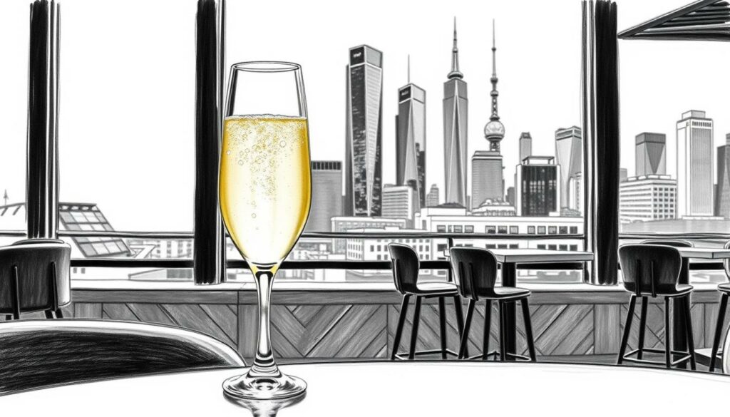 A glass of effervescent, pale-colored pet nat wine set against a modern, urban backdrop. The wine's delicate bubbles and slight hazy appearance catch the light, creating a captivating visual. In the foreground, the glass rests on a sleek, minimalist table, its shape and color accentuated by the use of black and white tones. In the middle ground, the setting evokes a chic, minimalist cafe or bar, with clean lines and geometric architectural elements. The background features a cityscape with tall buildings and a stylized, contemporary skyline, all rendered in a striking black and white palette, with subtle pops of color highlighting key details. The overall atmosphere is one of refined sophistication and a modern, artisanal aesthetic. A glass of effervescent, pale-colored pet nat wine set against a modern, urban backdrop. The wine's delicate bubbles and slight hazy appearance catch the light, creating a captivating visual. In the foreground, the glass rests on a sleek, minimalist table, its shape and color accentuated by the use of black and white tones. In the middle ground, the setting evokes a chic, minimalist cafe or bar, with clean lines and geometric architectural elements. The background features a cityscape with tall buildings and a stylized, contemporary skyline, all rendered in a striking black and white palette, with subtle pops of color highlighting key details. The overall atmosphere is one of refined sophistication and a modern, artisanal aesthetic.