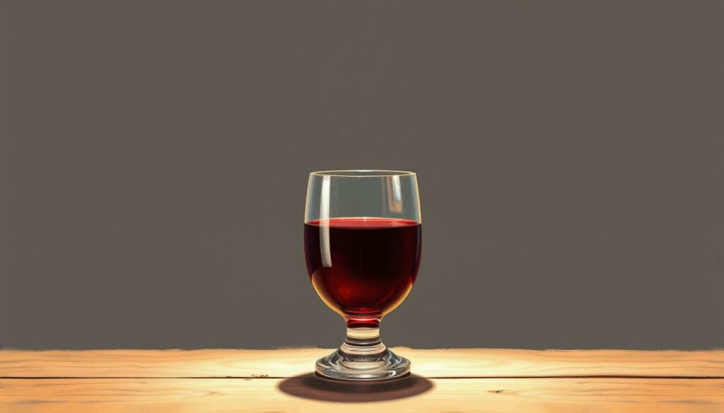 A glass of non-alcoholic wine on a wooden table, illuminated by warm, gentle lighting. The glass catches the light, casting a soft, amber glow. The wine's deep ruby hue is accentuated by the clean, minimalist presentation. The background is a muted, charcoal gray, allowing the wine and its vessel to take center stage. Pencil-sketch-style rendering with strategic pops of color, such as the golden reflections in the glass and subtle burgundy highlights in the wine itself. A glass of non-alcoholic wine on a wooden table, illuminated by warm, gentle lighting. The glass catches the light, casting a soft, amber glow. The wine's deep ruby hue is accentuated by the clean, minimalist presentation. The background is a muted, charcoal gray, allowing the wine and its vessel to take center stage. Pencil-sketch-style rendering with strategic pops of color, such as the golden reflections in the glass and subtle burgundy highlights in the wine itself.